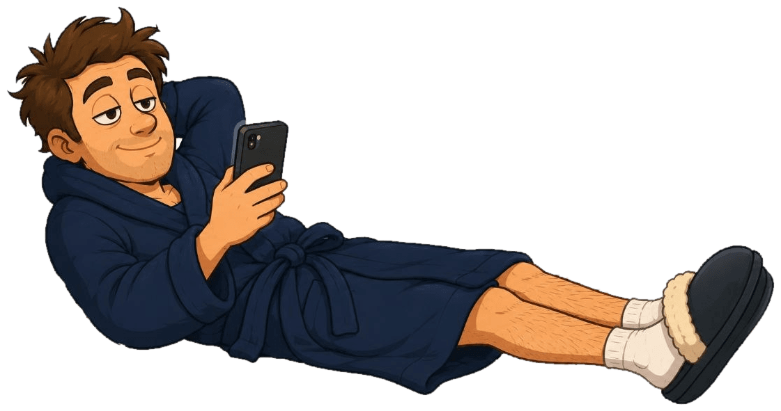 The LazyMan mascot flopped on the couch in his bathrobe, relaxing